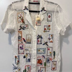 Johnny Was White Embroidered Button-Up Shirt